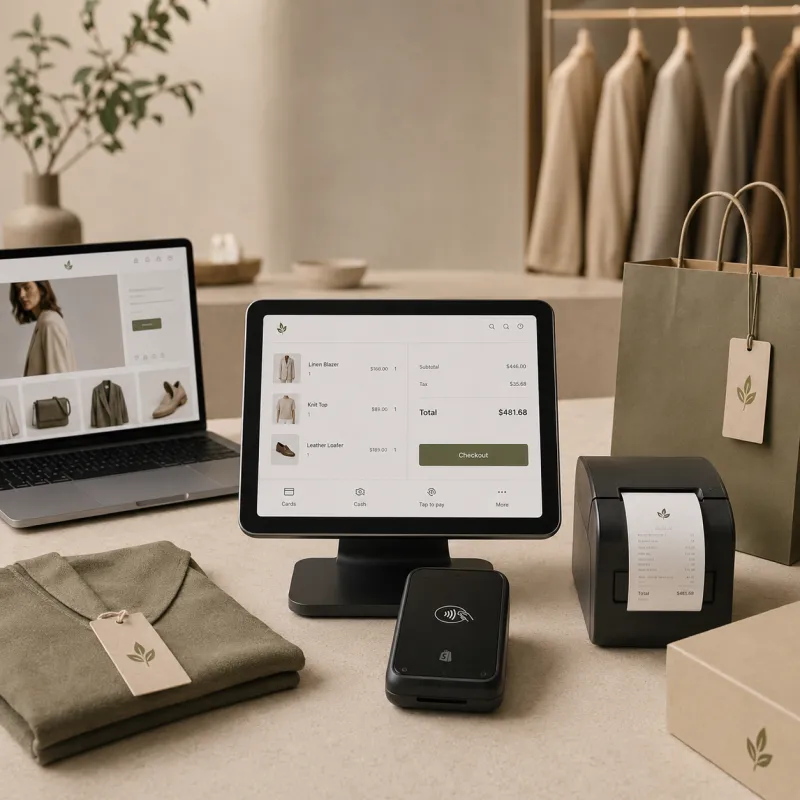 Shopify POS-kassasysteem en laptop die de real-time data-synchronisatie van het ERP- en back-office ecosysteem tonen.