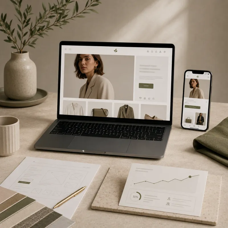 High-end Shopify webshop design op laptop en mobiel met conversie-statistieken en wireframes van Opklopper.