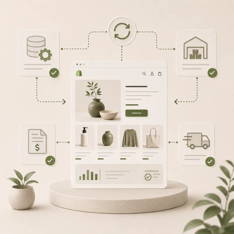 3D mockup van een Shopify kleding webshop met een naadloze back-office integratie. De illustratie toont de automatische ERP-synchronisatie van real-time magazijnvoorraad, productdata, orderverwerking en logistiek.