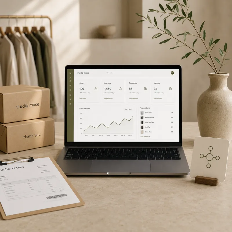 Laptop met e-commerce dashboard voor orders en voorraad naast verzenddozen, een pakbon en een ERP-integratiesymbool.