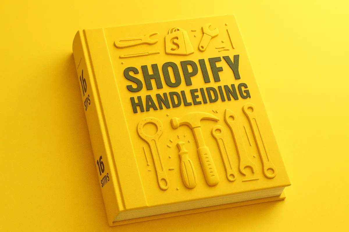 Geel boek met tekst 'shopify handleiding'