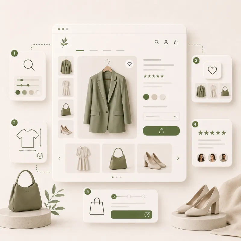 Mockup van een custom Shopify kleding webshop productpagina met een visuele breakdown van 5 onmisbare functionaliteiten, waaronder slimme kleur- en maatswatches, een dynamische maattabel, 'Shop the Look' cross-sells en reviews.