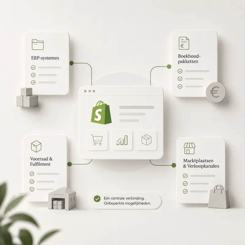 Minimalistische 3D-infographic van een Shopify webshop als centrale hub, via lijnen verbonden met vier modulaire kaarten voor ERP-systemen, boekhoudpakketten, voorraad & fulfilment, en marktplaatsen & verkoopkanalen.