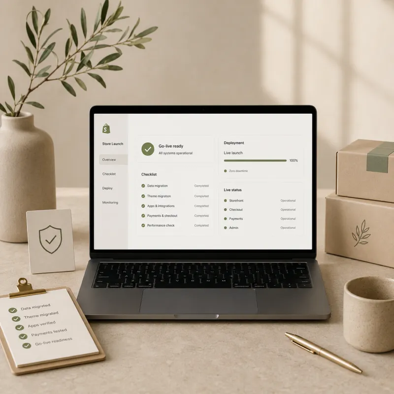 Laptop met een Go-Live checklist en launch dashboard, ter illustratie van een veilige lancering met een zero-downtime cutover-plan door Shopify bureau Opklopper.
