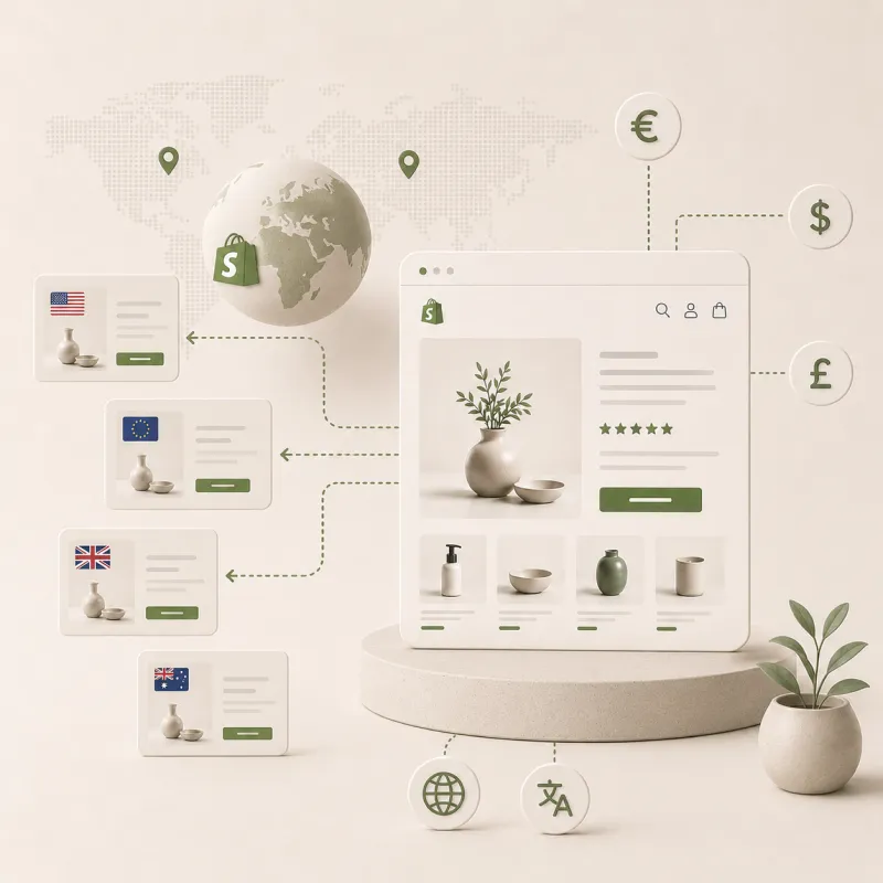 Architectuur van een multi-lingual Shopify webshop, geoptimaliseerd voor internationaal verkopen via Shopify Markets met lokale valuta en landinstellingen.