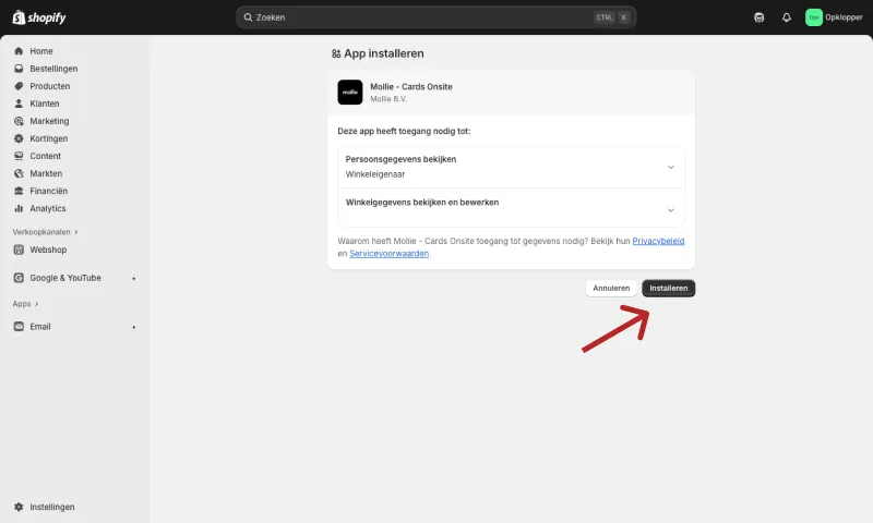Installatie bevestigen in de backend van Shopify