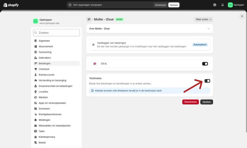 Testmodus activeren en instellingen opslaan