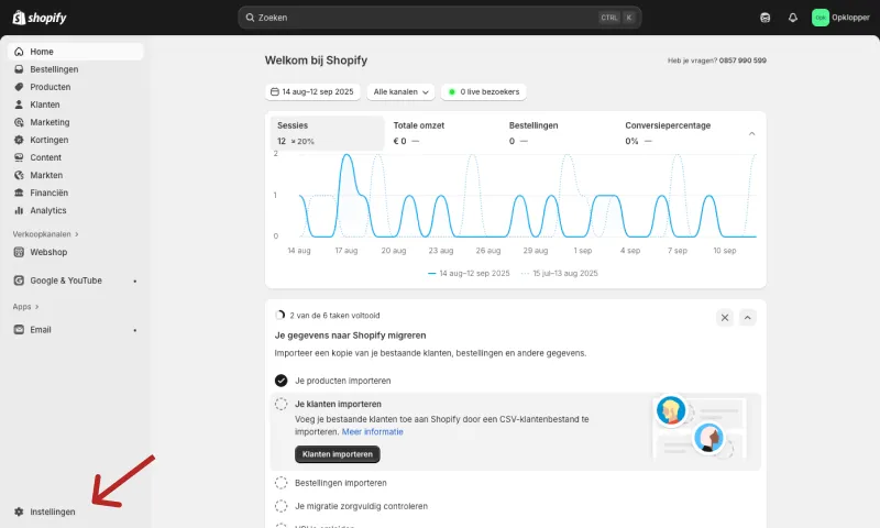 Instellingen openen in Shopify