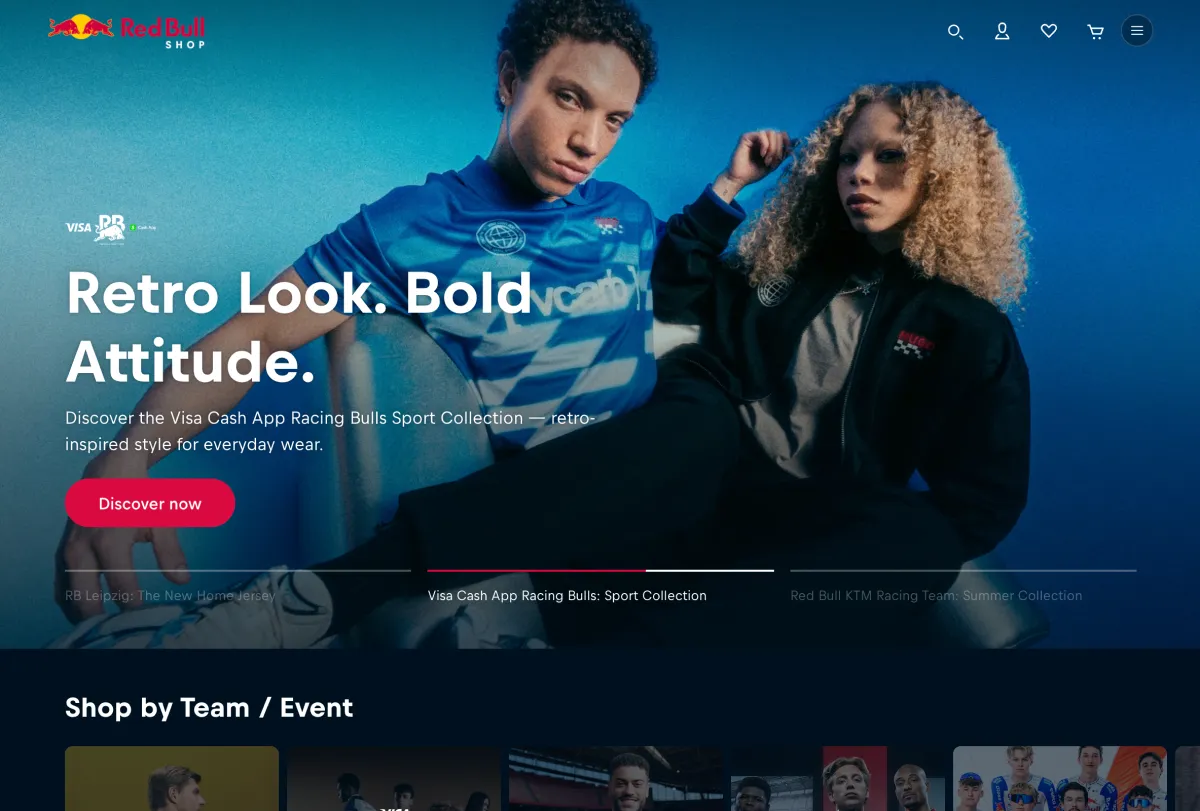 Shopify webshop voorbeeld - Het media en merchandise design van Red Bull