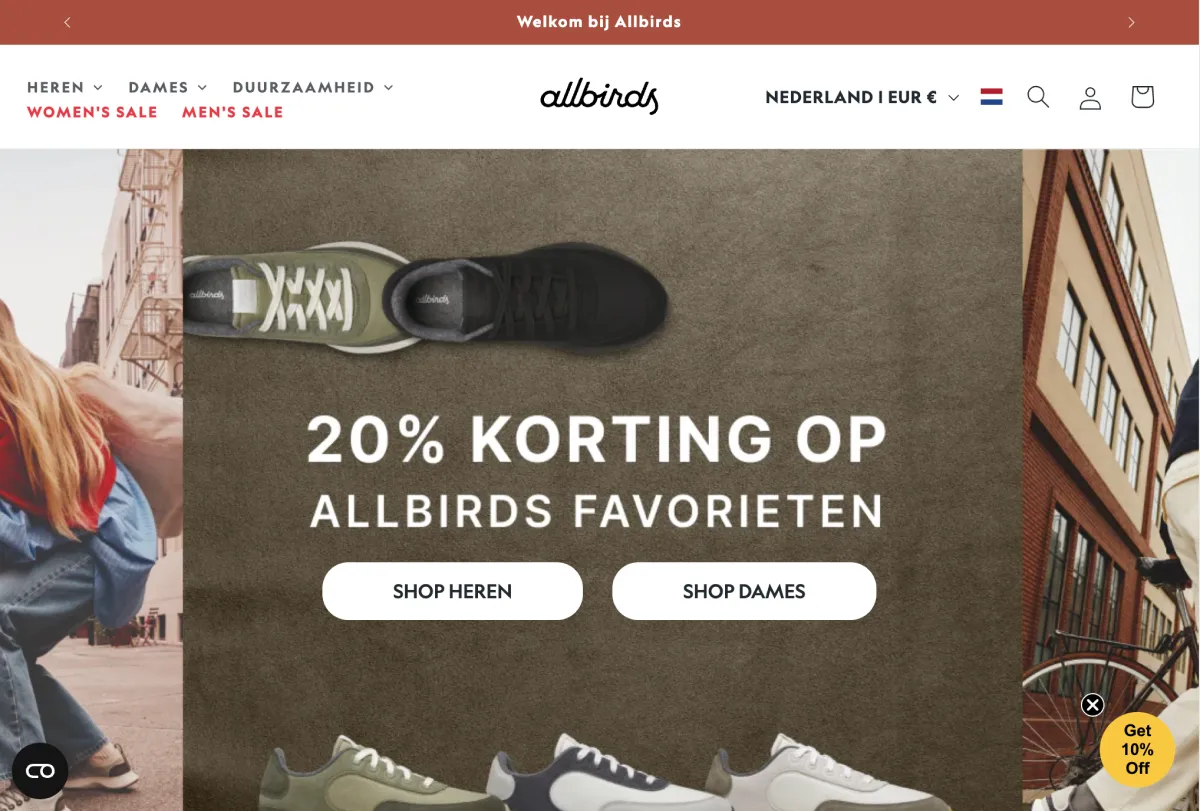 Shopify webshop voorbeeld - Het homepage design van Allbirds