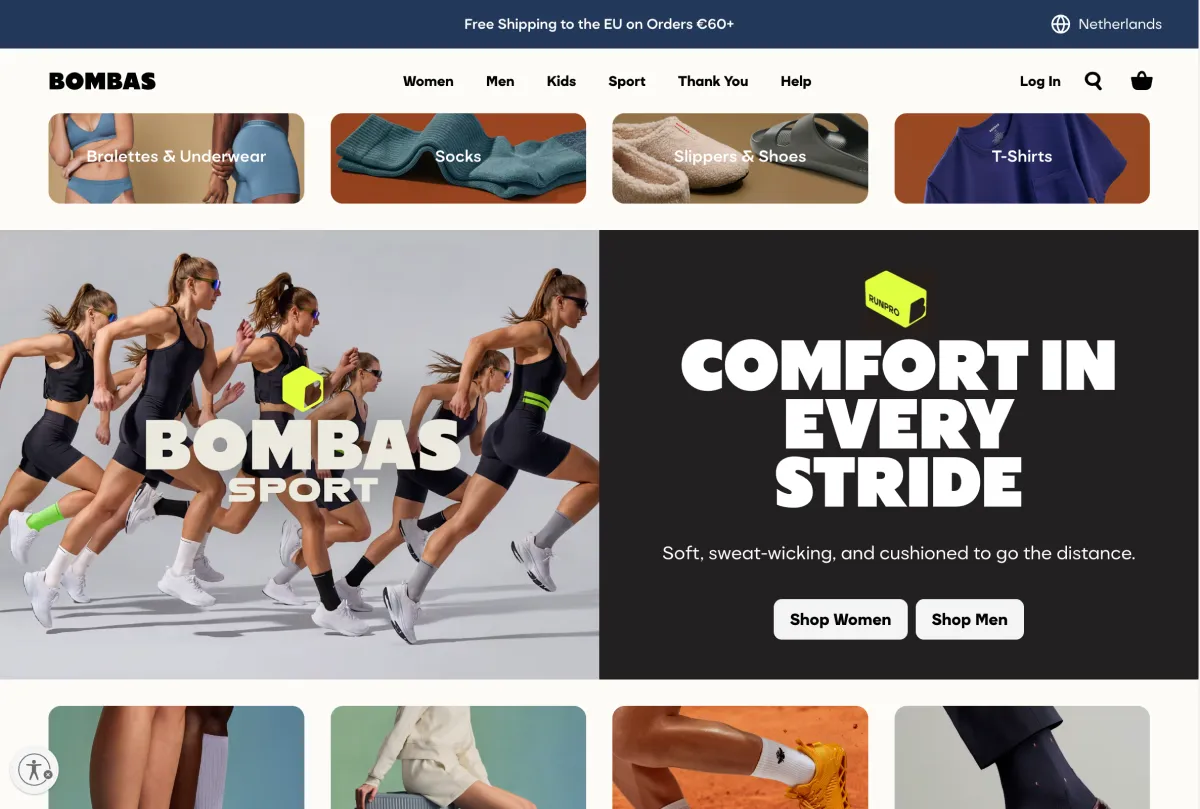 Shopify webshop voorbeeld - De Shop Pay afrekensnelheid van Bombas