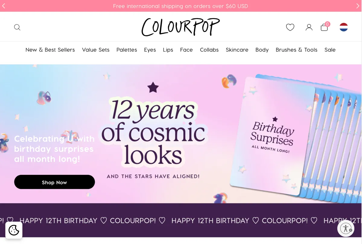 Shopify webshop voorbeeld - Het megamenu van ColourPop