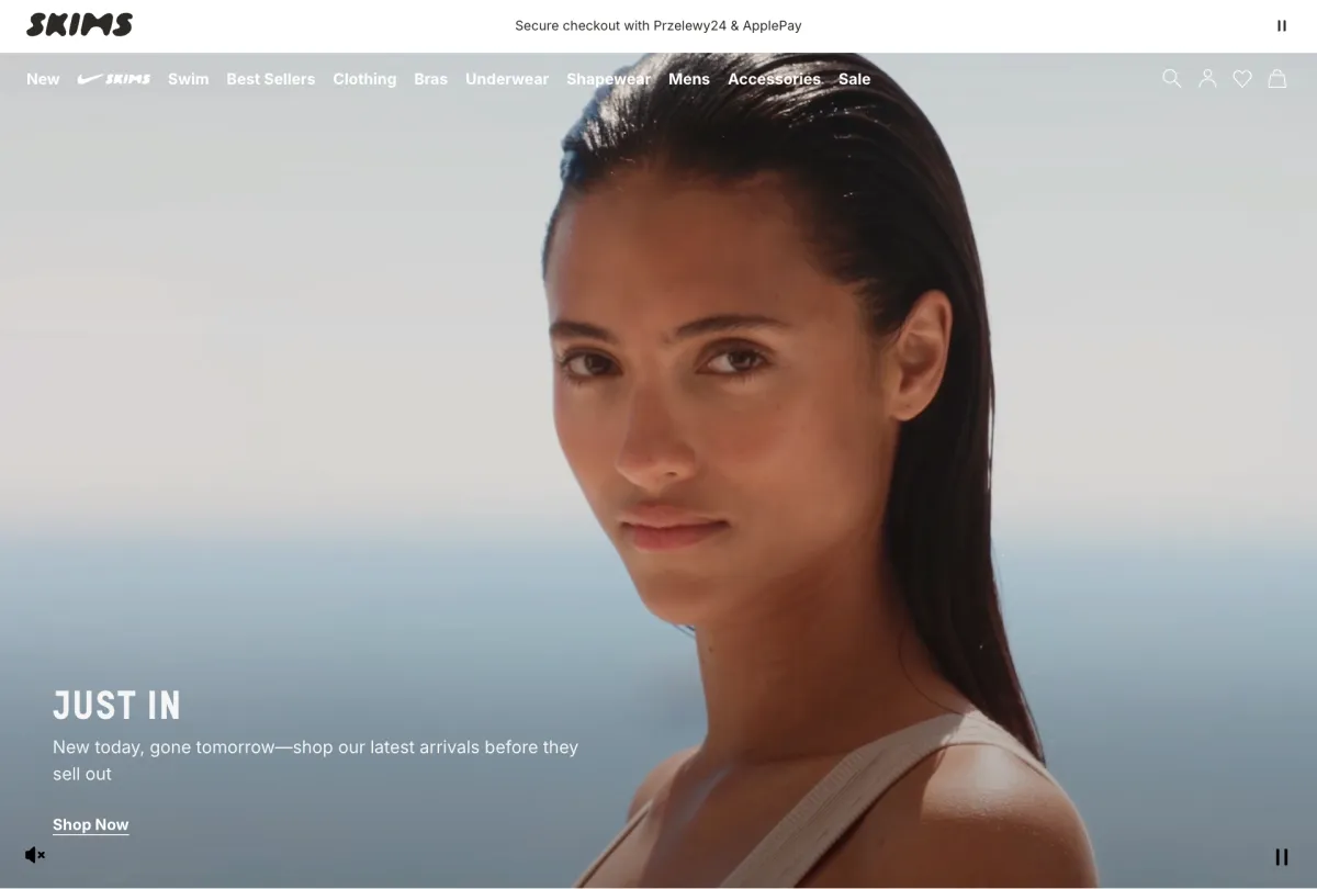 Shopify webshop voorbeeld - Het homepage design van SKIMS
