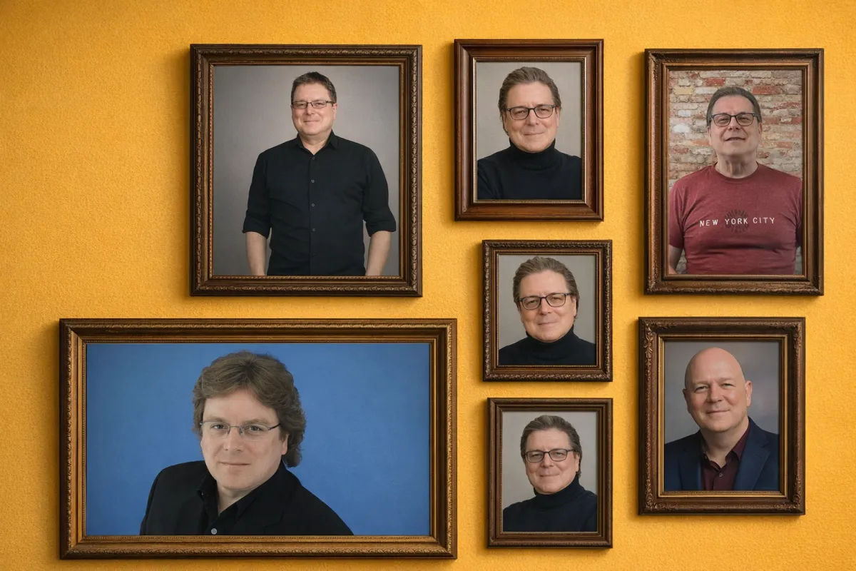 Foto van Simons bureau in het Opklopper kantoor, met een ingelijste foto van Mike Grehan naast zijn computer