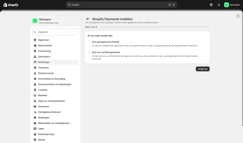 Printscreen van eerste stap om Shopify Payments te activeren