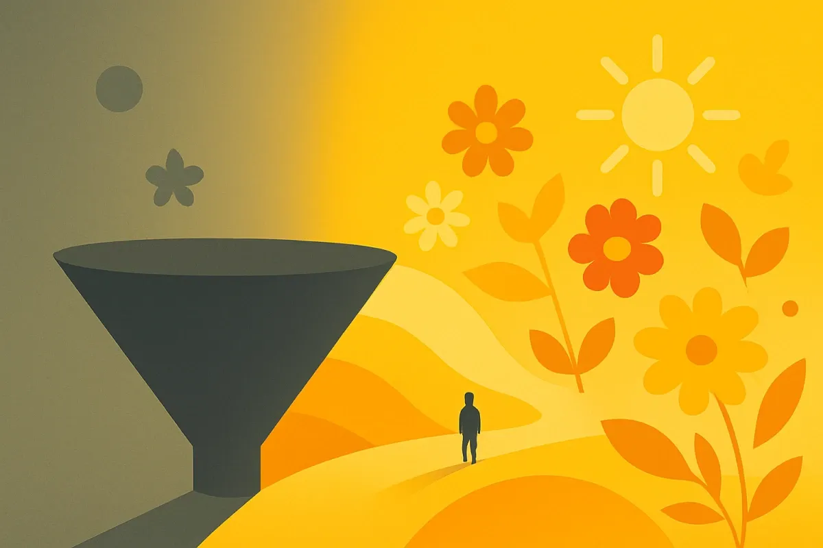Illustratie met links een donkere funnel met schaduw en rechts gele oranje bloemen en zon