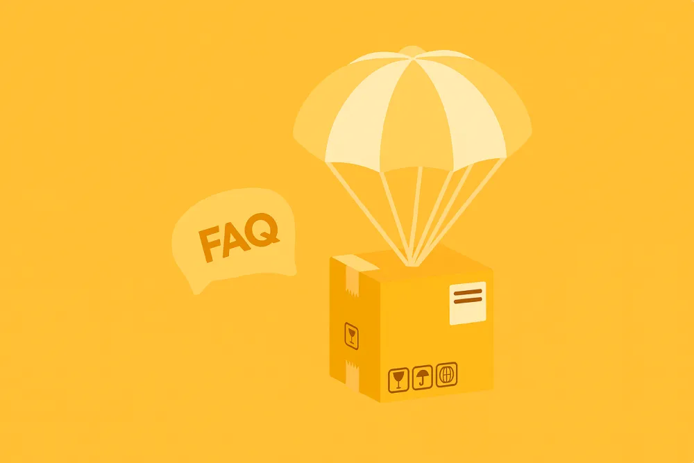 kartonnen doos aan parachute met tekst 'faq' ernaast