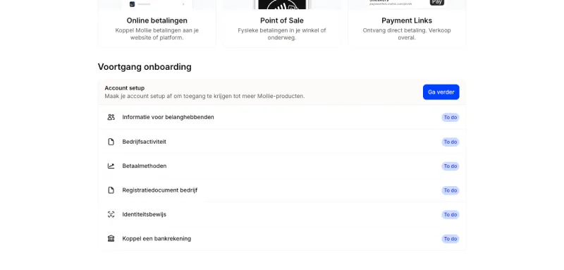Voortgang van de Mollie onboarding in het dashboard
