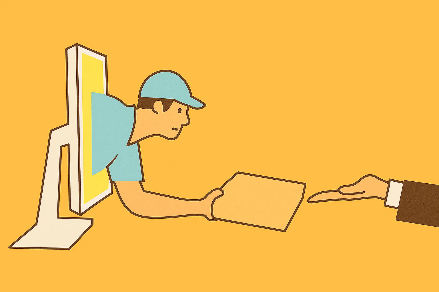 dropshipper verschijnt uit computer en geeft pakket aan iemand