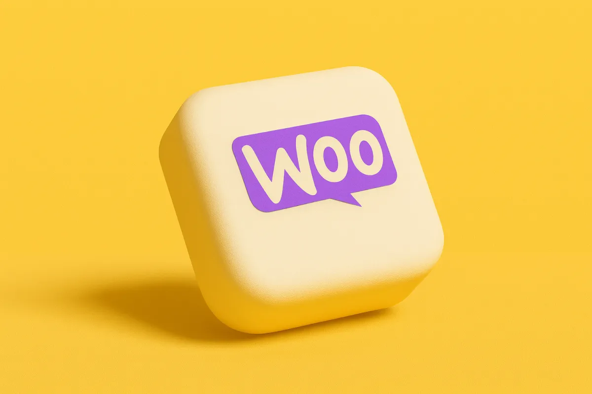3D-pictogram met het WooCommerce-logo op gele achtergrond — beeld in blogpost