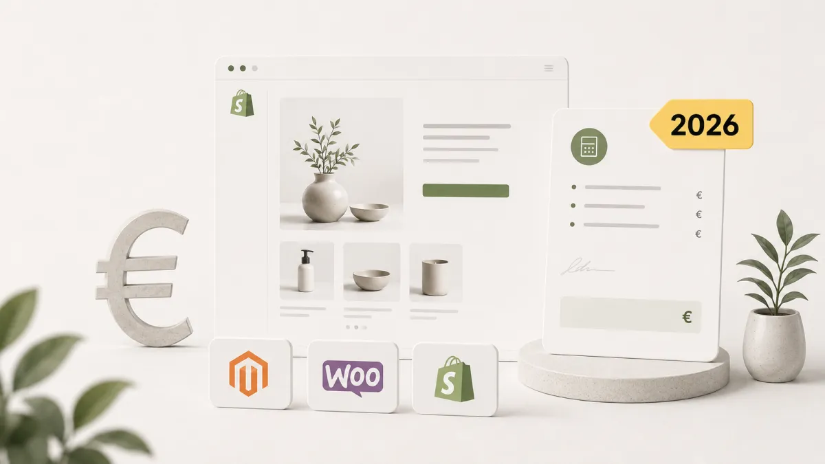 Grafische weergave van de kosten voor een webshop laten maken in 2026 met een euroteken, factuur en de logo's van Magento, WooCommerce en Shopify.
