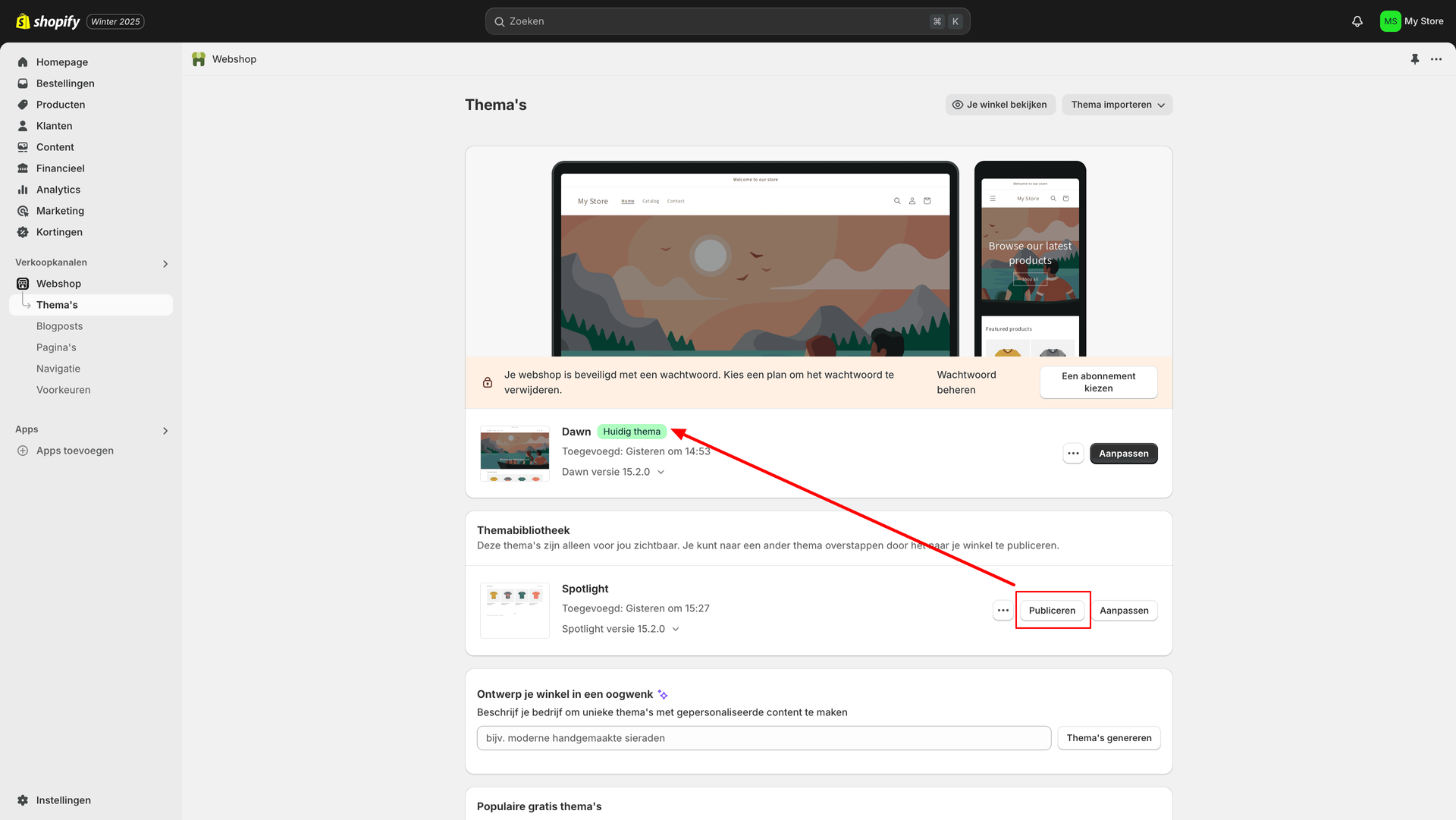 Printscreen van locatie live en gepubliceerd thema Shopify
