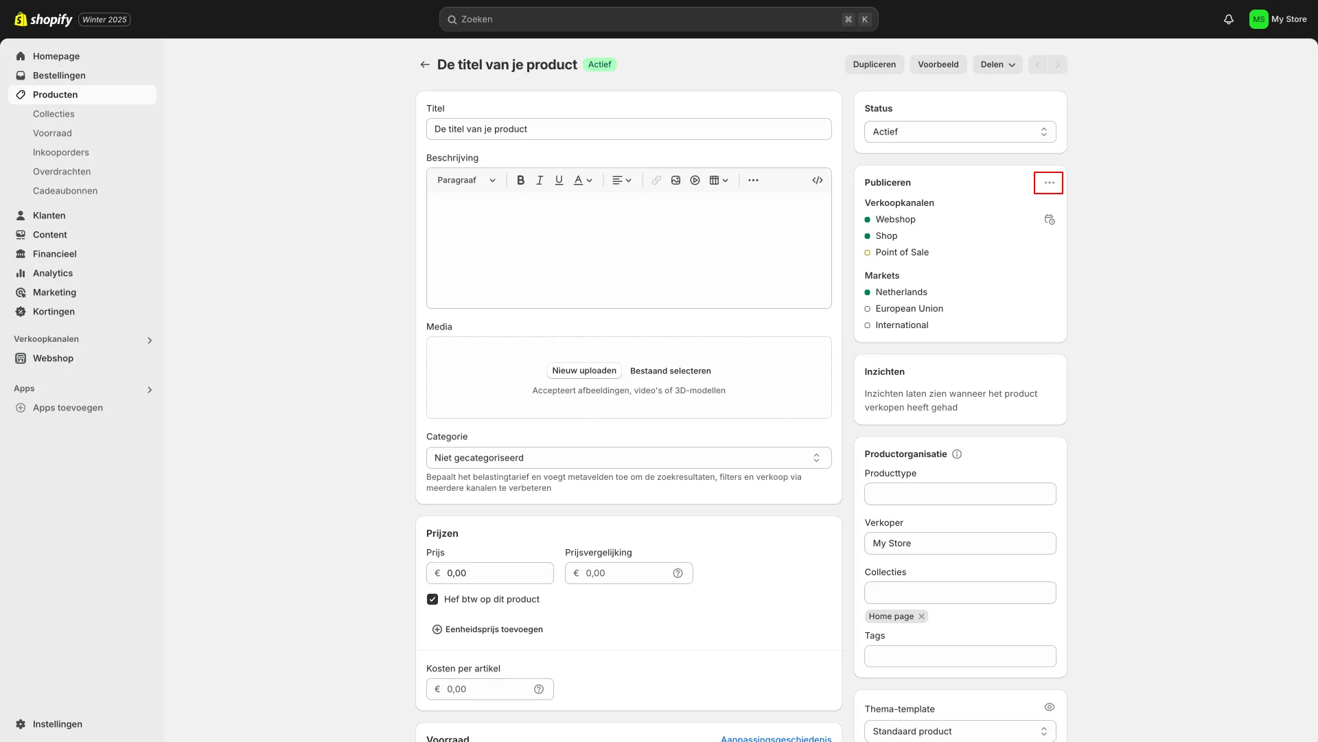 Printscreen Shopify backend om verkoopkanalen te beheren