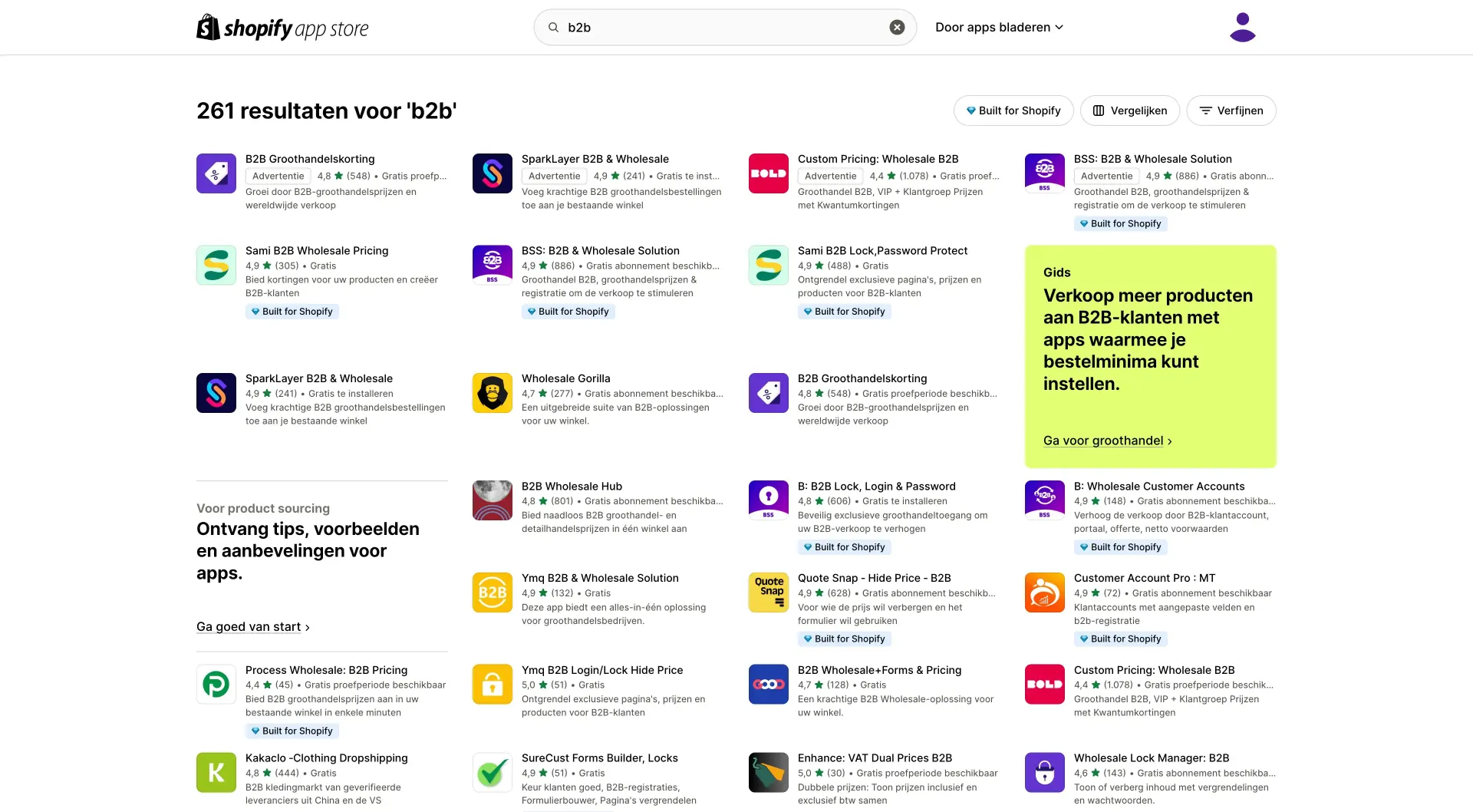Overzicht Shopify B2B apps in Shopify App Store