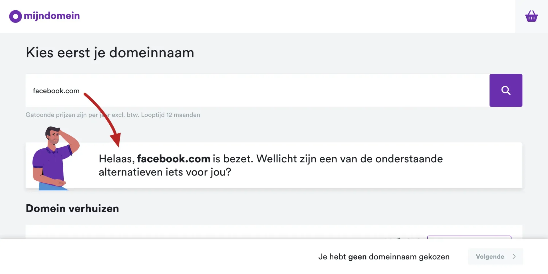 Resultaat op mijndomein.nl nadat een domeinnaam bezet is
