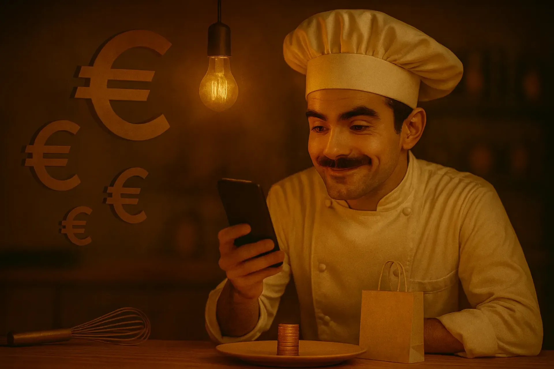 Metafoor: chef die op zijn telefoon Shopify-kosten bekijkt; eurotekens en muntjes verbeelden abonnementen en transactiekosten.